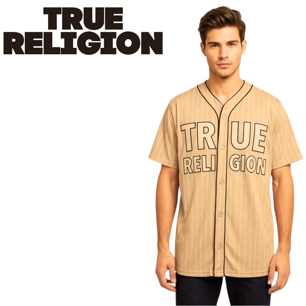 True Religion Mens Baseball Jersey Tan Khaki Pinstripe Button Front Shirt XL NEW